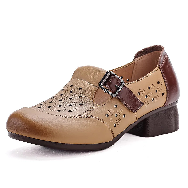 Women's Vintage Buckle Sandals – Genuine Leather Low Heel Buckle Heeled Sandals Qst Light Brown 35