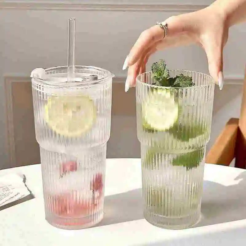 600ml Ribbed Glass Cup with Lid & Straw | Borosilicate Glass Drinkware Set Qme