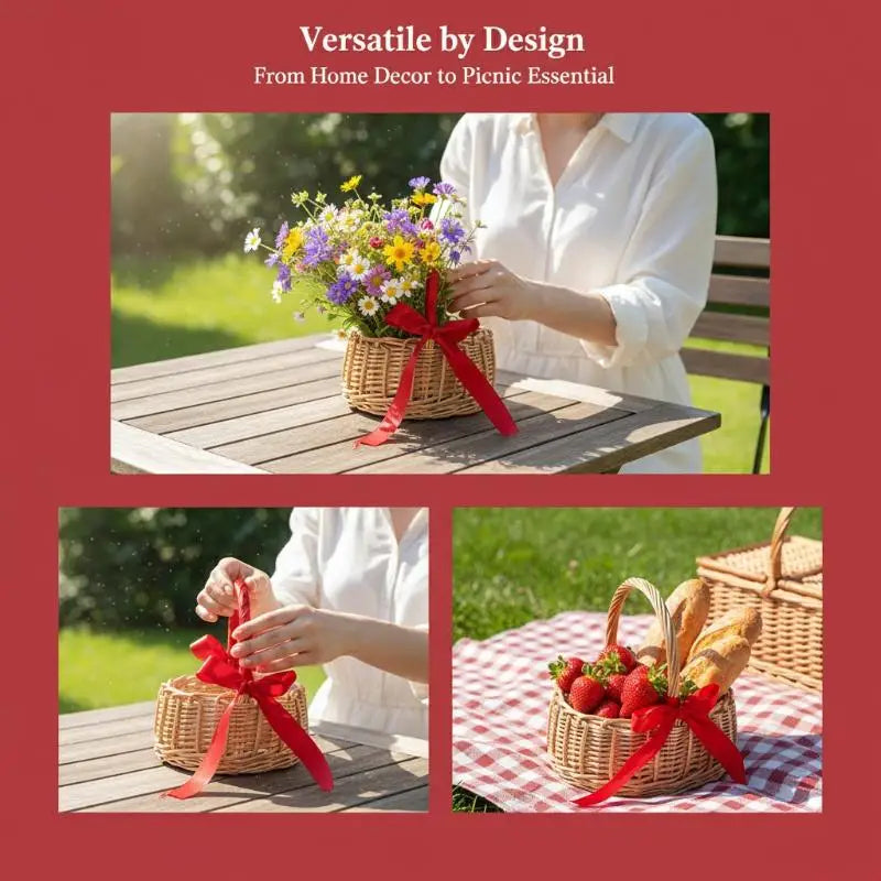 Handmade Woven Rattan Flower Basket – Boho Chic Décor Decorative Basket Qme