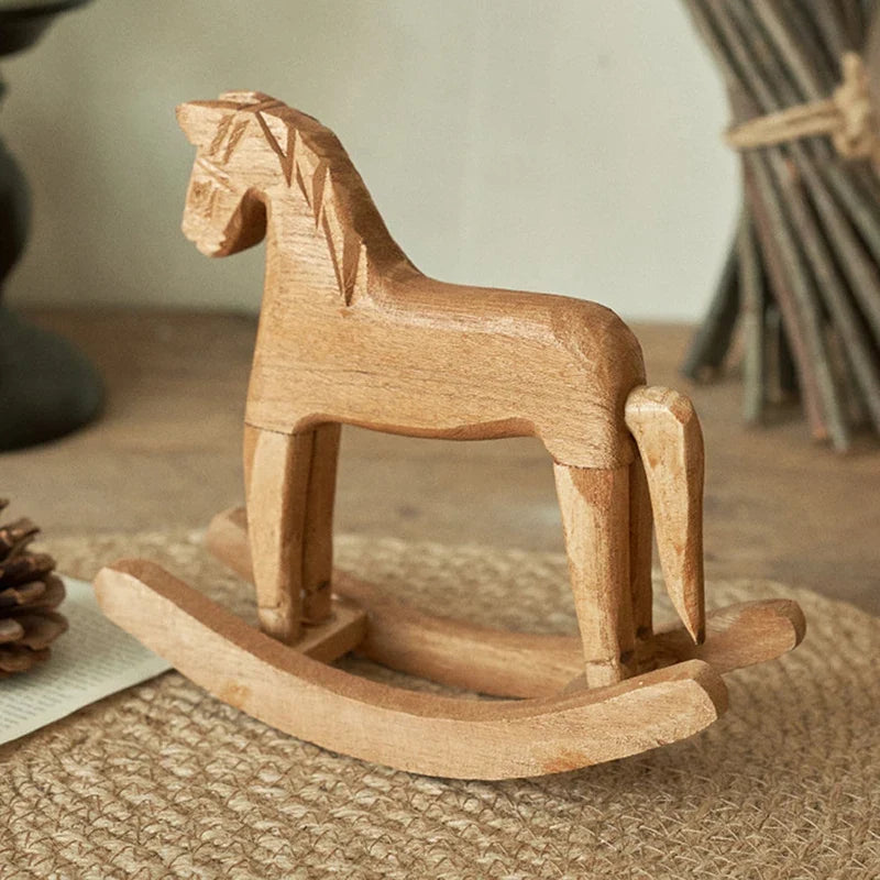 Wooden Rocking Horse Statue – Hand-Carved Figurine Decor Wood Figurine Decor Qme