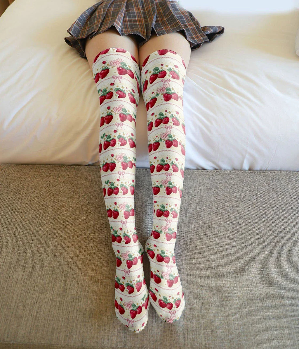 Cartoon Strawberry Kawaii Over-Knee Stockings | 10 Colors Novelty Stockings Qme