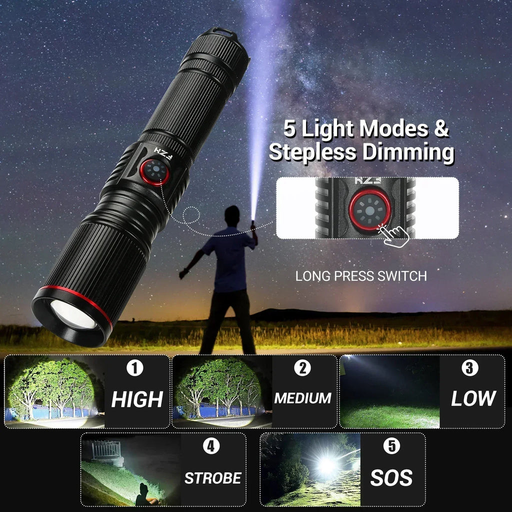 50W Super Bright LED Zoom Flashlight – Type-C Rechargeable LED Zoom Flashlight Qst