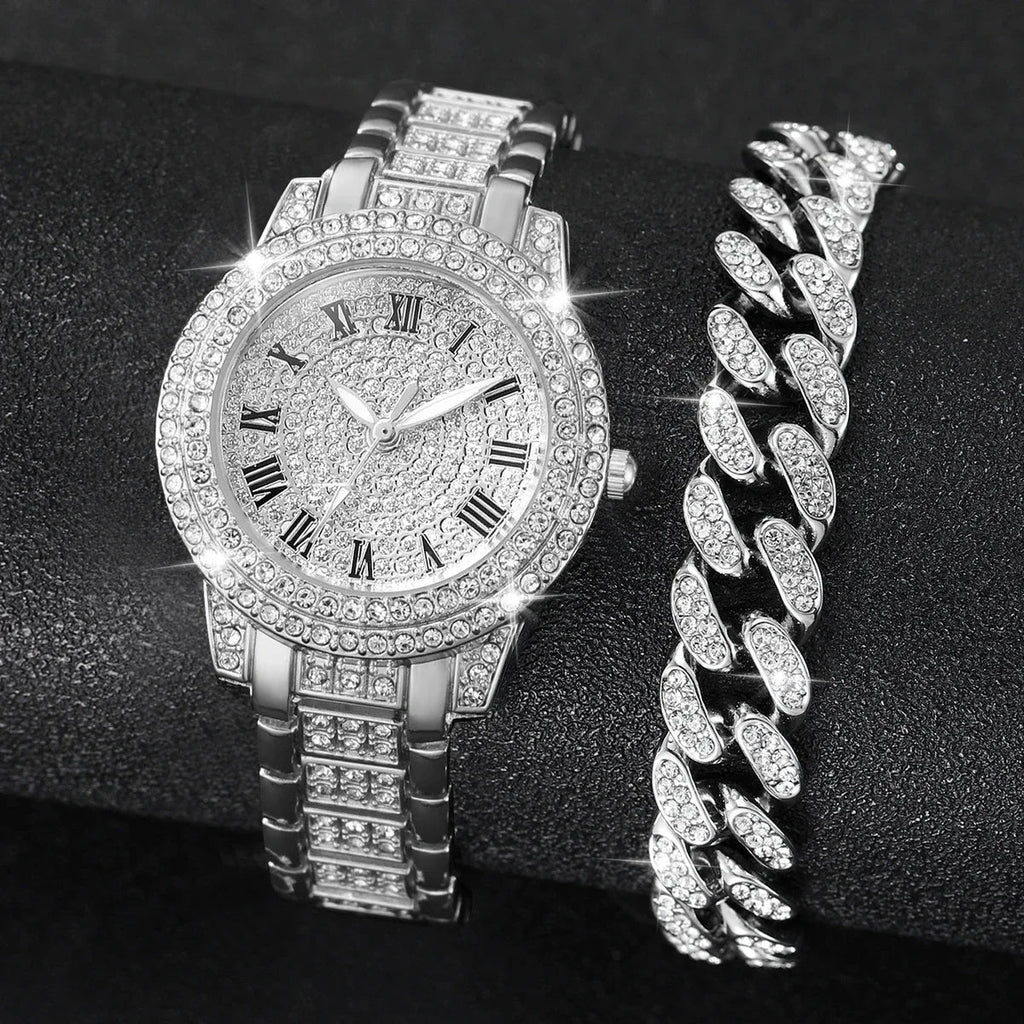 Women's Gold Rhinestone Watch Set – 2 Pcs Diamond Style Women's Watch Set Qme 2