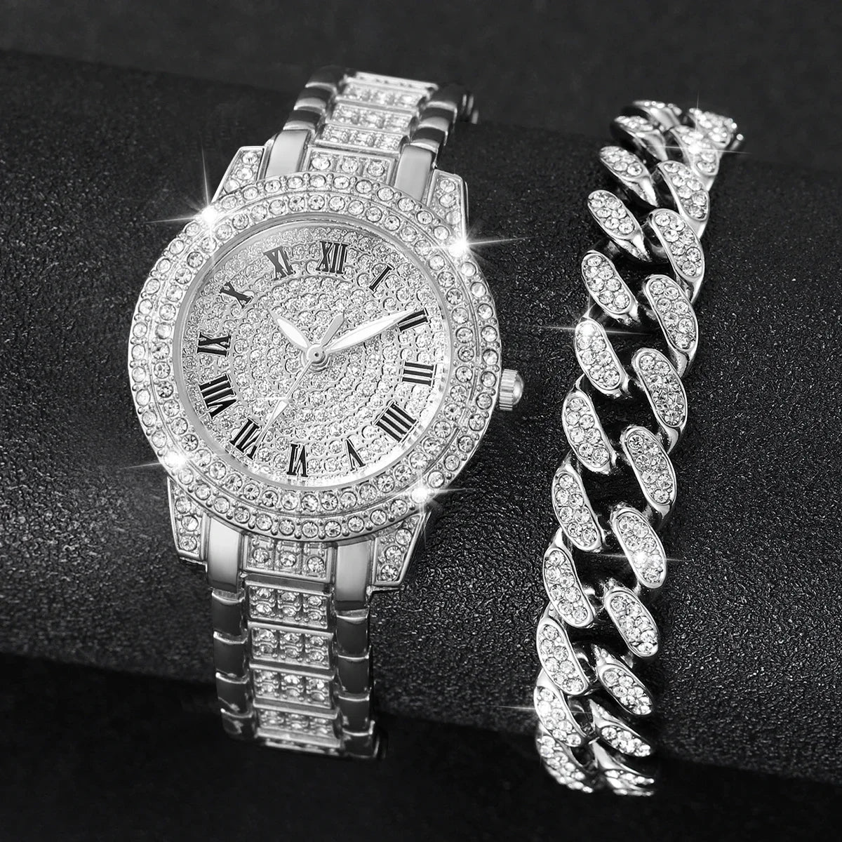 Women's Gold Rhinestone Watch Set – 2 Pcs Diamond Style Women's Watch Set Qme 2