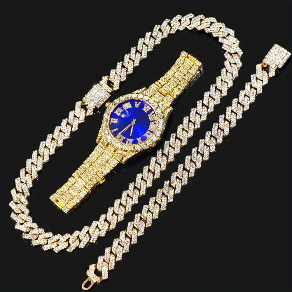 Rhinestone Hip Hop Cuban Chain Wrist Watch Set – 6 Colors Hip Hop Watch Set Qme