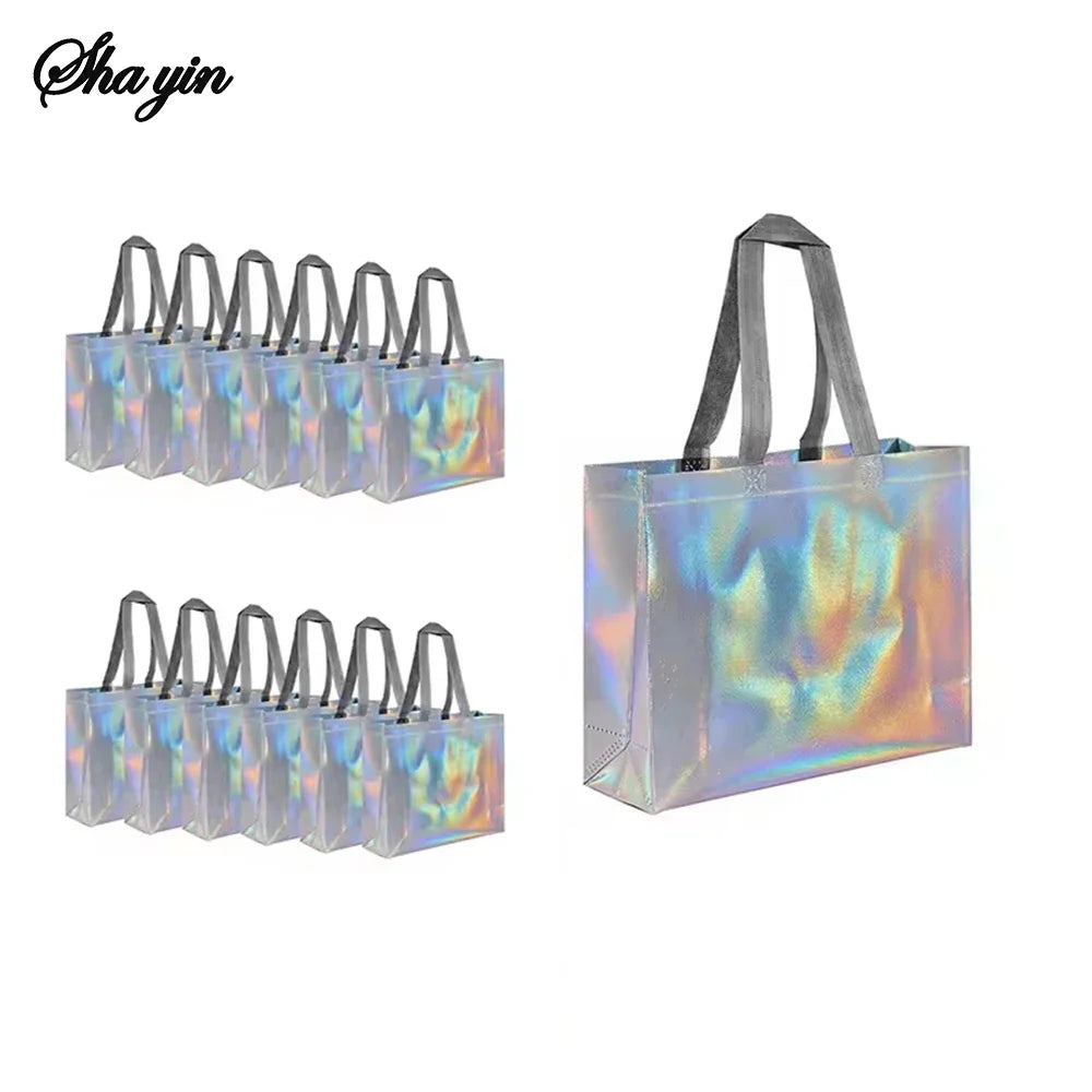 Silver Reusable Grocery Tote Organizer Bag | Qme Reusable Tote Bag Qme Silver Laser 5PCS 32X10X27CM