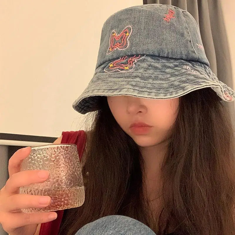 Women's Washed Denim Bucket Hat – Wide Brim Fisherman Cap Bucket Hat Qst A8