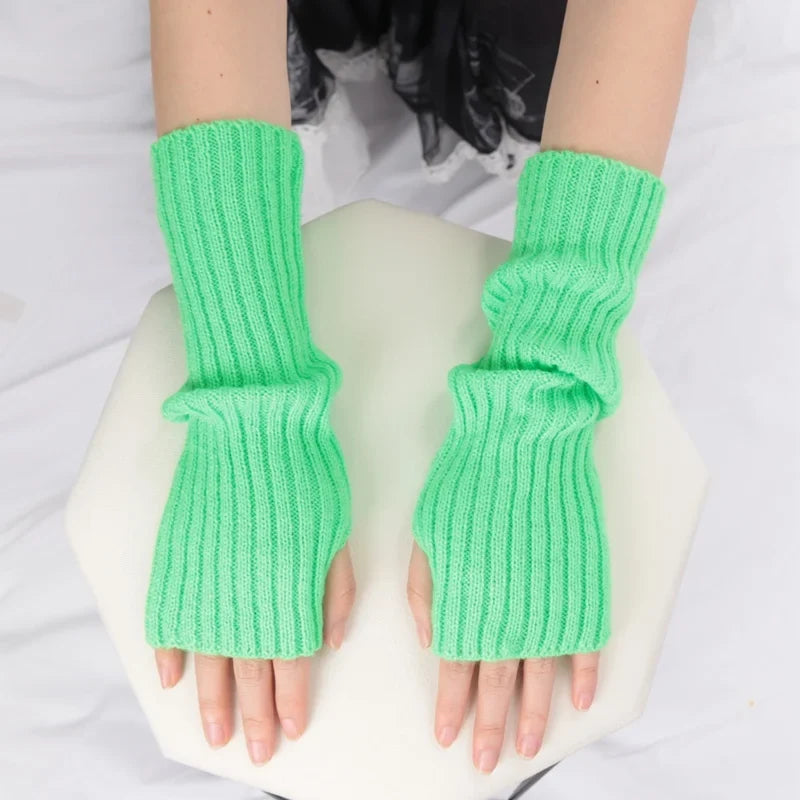 Women's Long Fingerless Gloves Winter Arm Warmers – 10 Colors Fingerless Arm Warmers Qme light green length 30cm