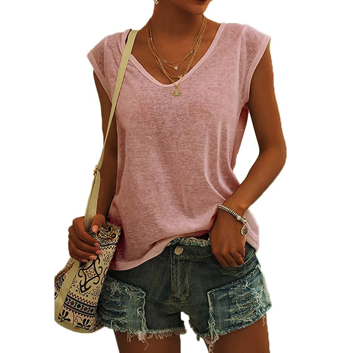 Women's Minimalist V-Neck Sleeveless Top | 12 Colors, S–XXL Sleeveless Tank Top Qme Pink XL