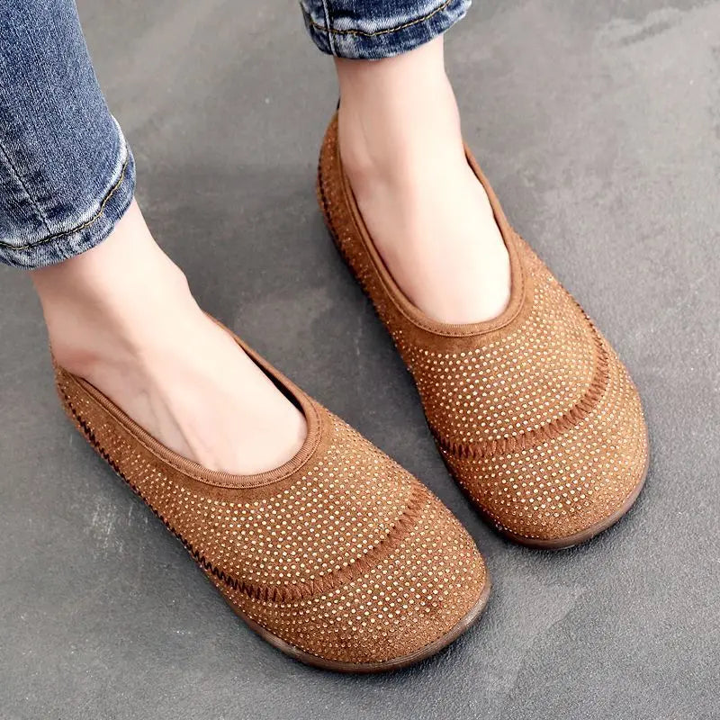 Women's Rhinestone Slip-On Canvas Flat Loafers | Soft Sole Canvas Flat Loafers Qst Khaki 41 CN