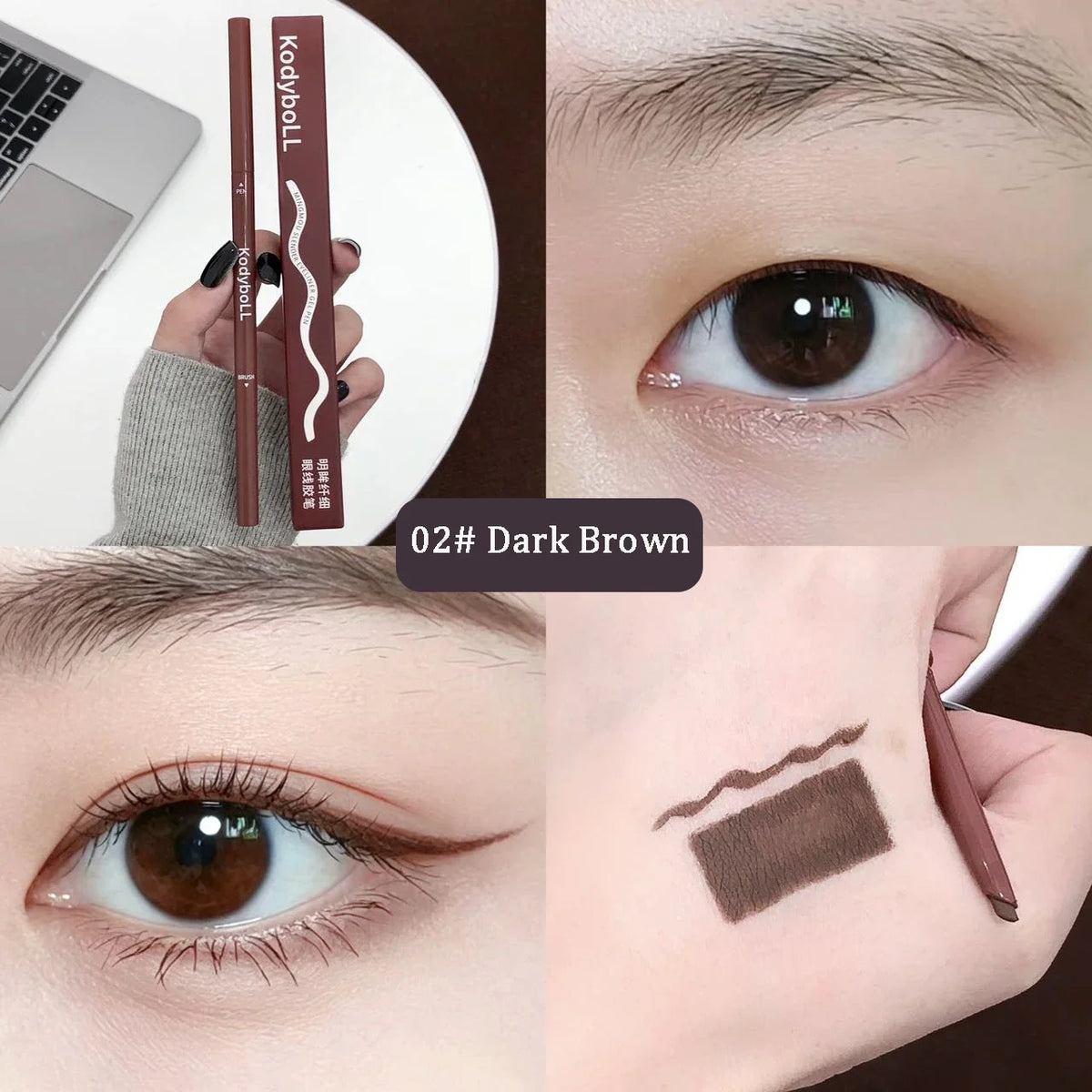Qme Curved Gel Eyeliner Pen – Waterproof Ultra-Fine Tip Gel Eyeliner Pen Qme 02 Dark Brown
