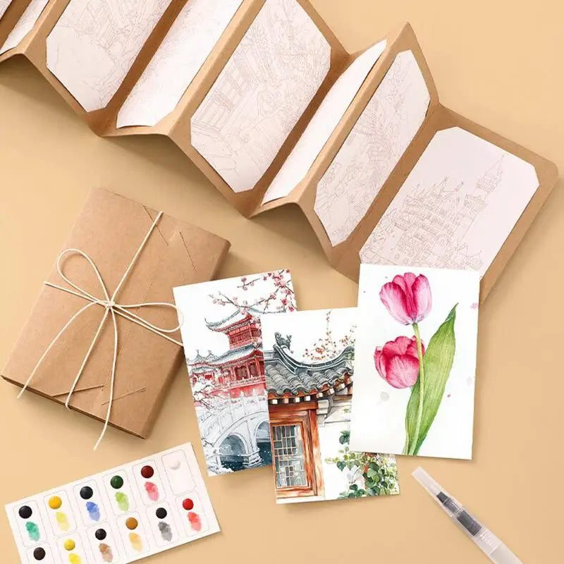 9-Sheet Watercolor Painting Kit – Folding Book, Pigments & Pen Watercolor Art Kit Qme