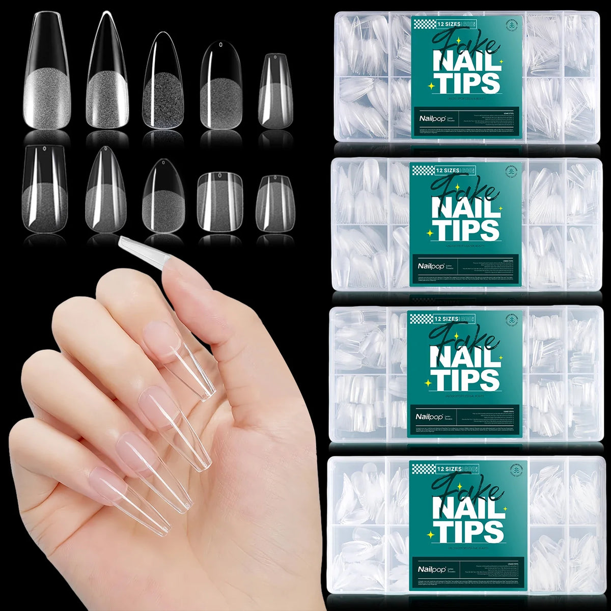 Nailpop 600pcs Clear False Nail Tips Full Cover 10 & 12 Sizes False Nail Tips Qme