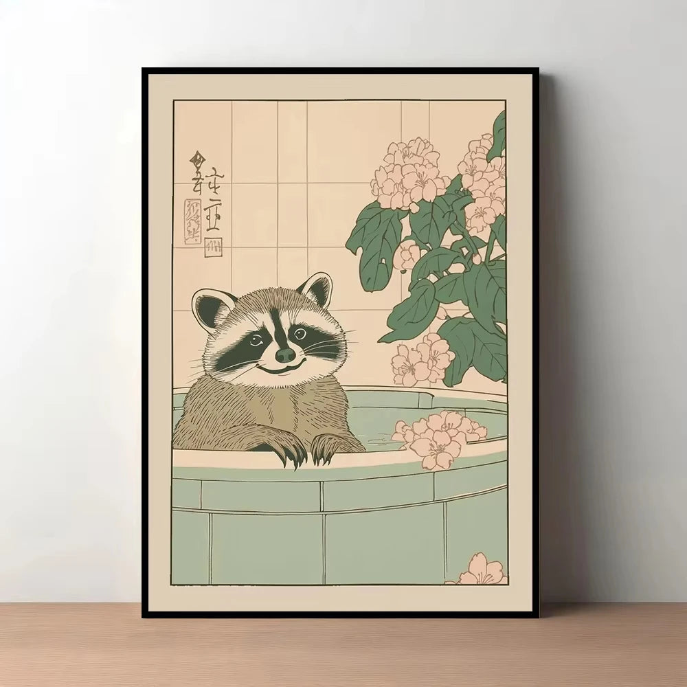 Japanese Bathroom Cute Animals Canvas Wall Art Poster Unframed Canvas Wall Art Qst