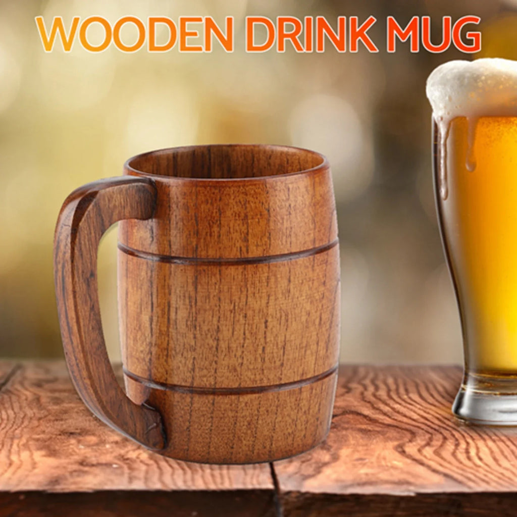 Natural Wooden Beer Mug with Handle – Retro 300ml Wood Cup Wooden Drinking Mug Qme