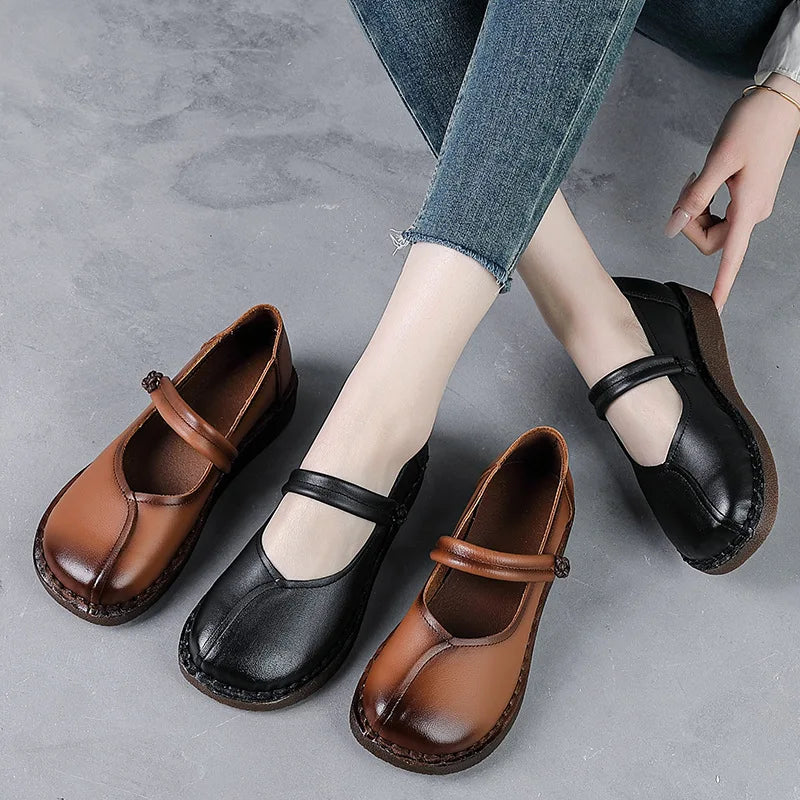 Women's Wide Toe Genuine Leather Strappy Flat Shoes | Mary Jane Leather Flat Shoes Qst