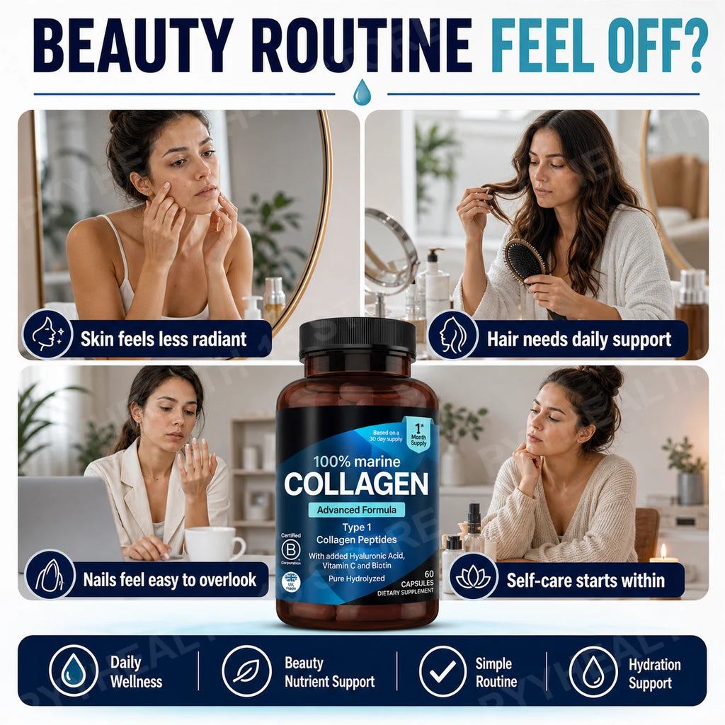 Marine Collagen Capsules – Type I Peptides, Hyaluronic Acid, 60ct Collagen Supplement Qst