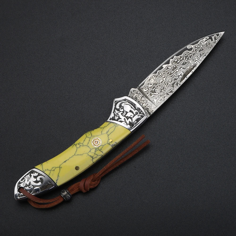 XUANFENG Damascus Folding Pocket Knife – Yellow Handle Folding Pocket Knife Qst