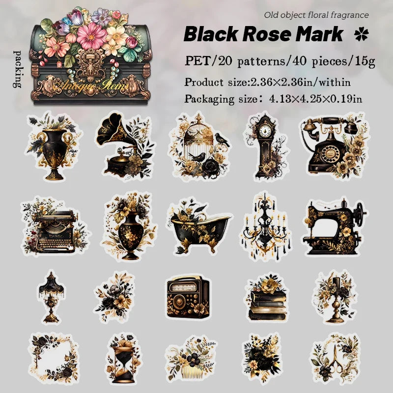 Vintage Transparent PET Stickers – Floral & Retro 40 Pack Decorative Stickers Qme A