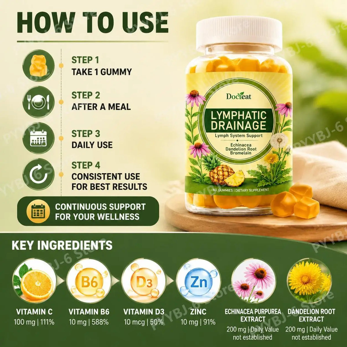 Docteat Lymphatic Gummies – Echinacea, Dandelion & Bromelain 60ct Herbal Supplement Gummies Qst