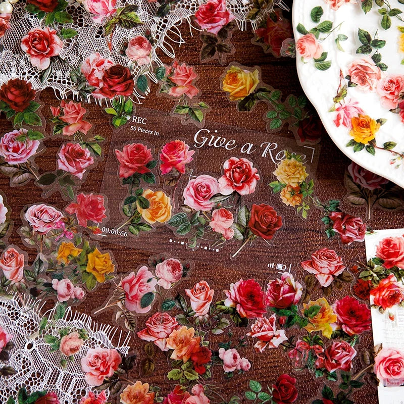100pcs Waterproof Flower Stickers – Rose Tulip Daisy Clear Decals Craft Sticker Pack Qme