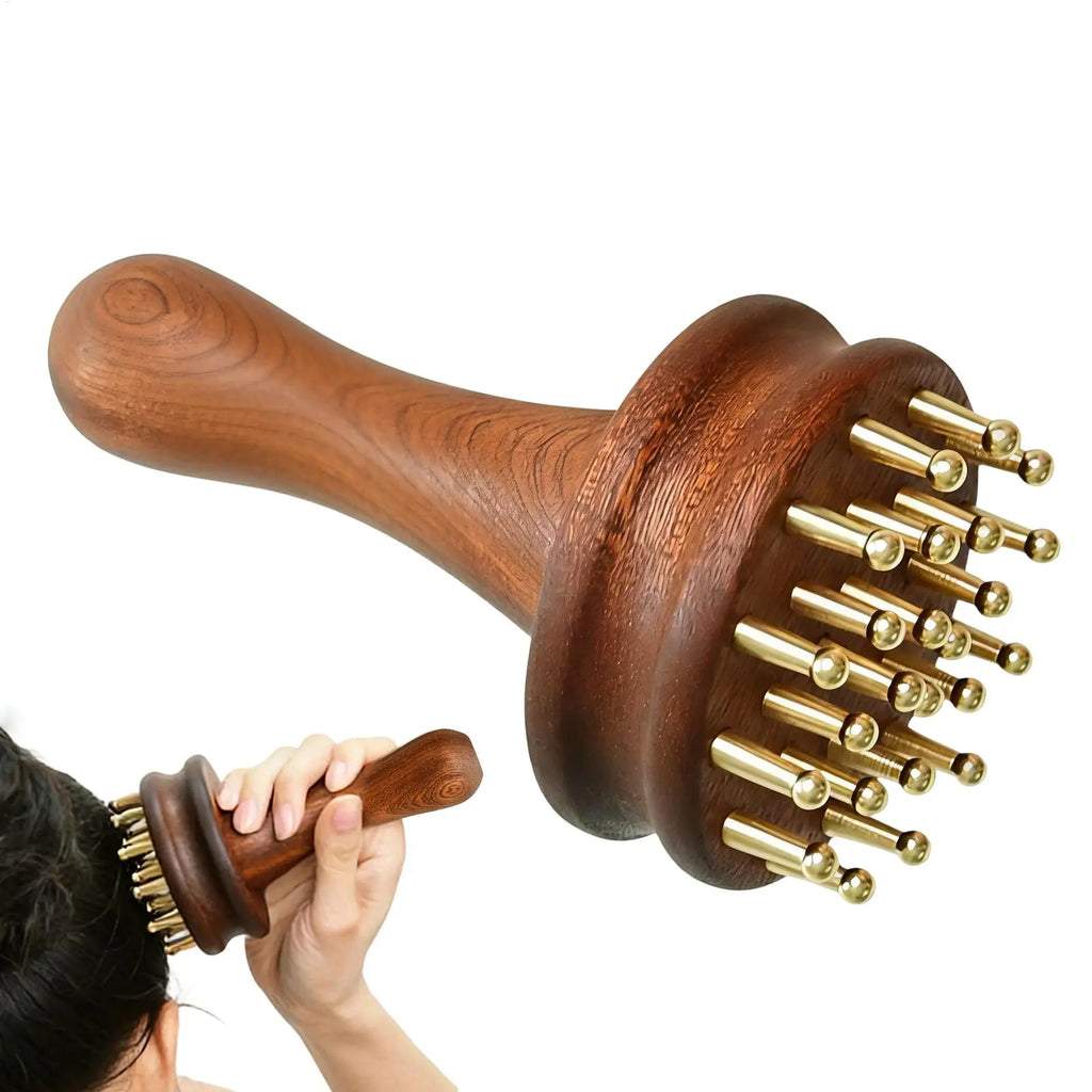 Scalp Massager Brush – Long Handle, Brass Teeth & Meridian Comb Scalp Massager Brush Qme