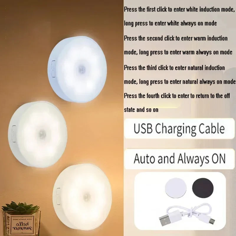 Motion Sensor LED Night Light USB Rechargeable Cabinet Lamp LED Night Light Qme 2Pcs 3Color