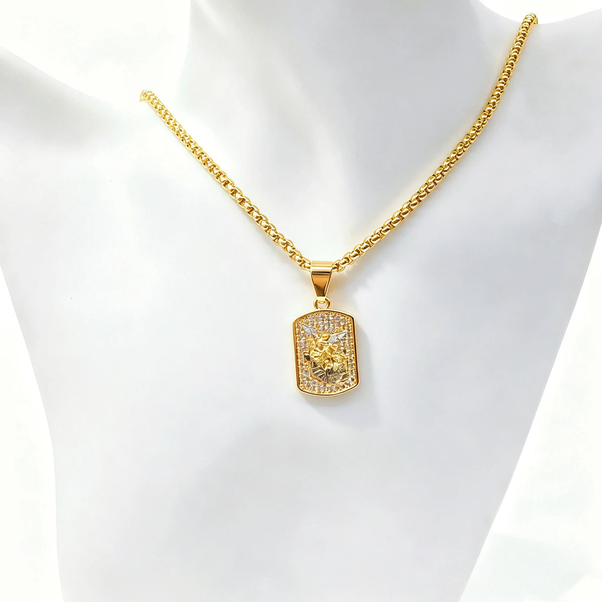 St. Michael Square Pendant Necklace | Gold Zircon Steel Religious Pendant Necklace Qme