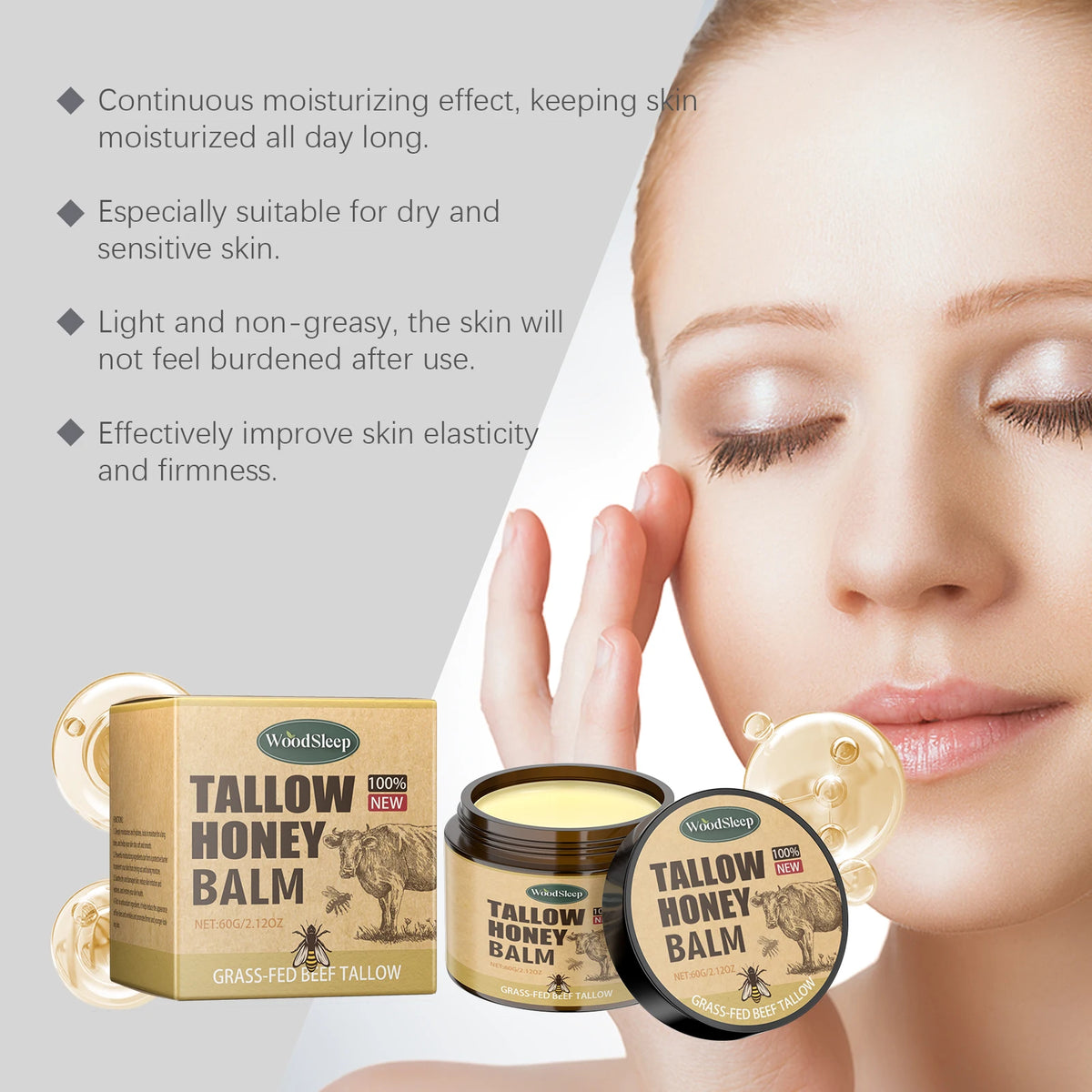 WoodSleep Whipped Beef Tallow & Honey Face Moisturizer 60g Face & Body Balm Qst