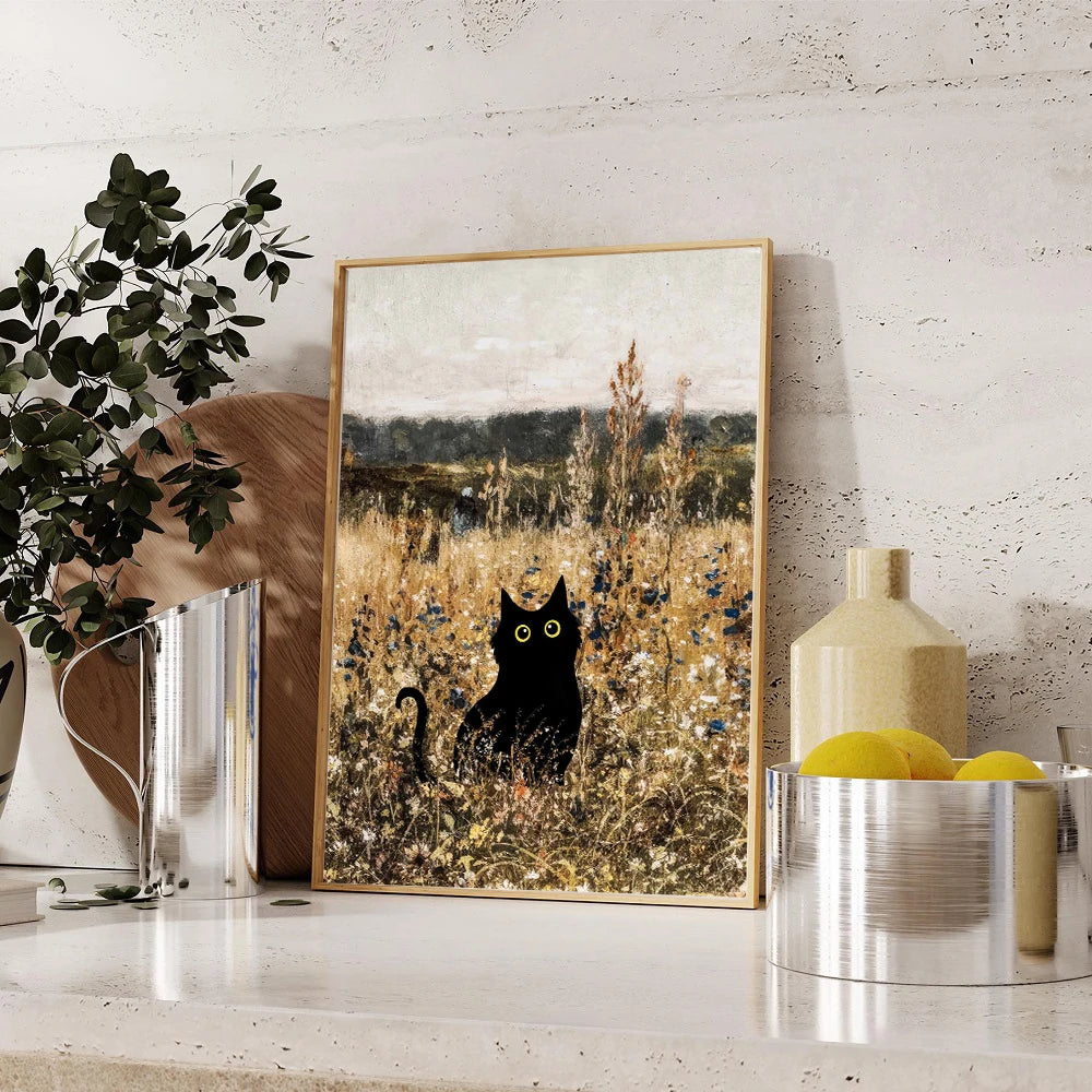 Funny Black Cat Van Gogh Canvas Wall Art – Aesthetic Decor Canvas Wall Art Qst
