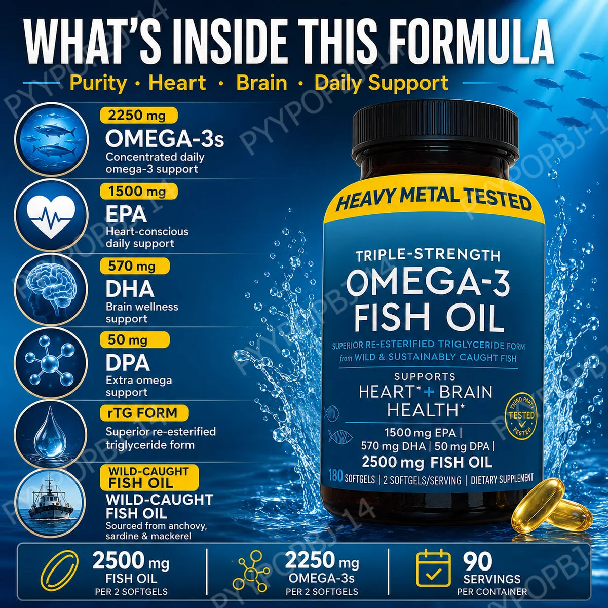 Omega-3 Fish Oil 2500mg Softgels | EPA DHA DPA | 180 Count Omega-3 Supplement Qst