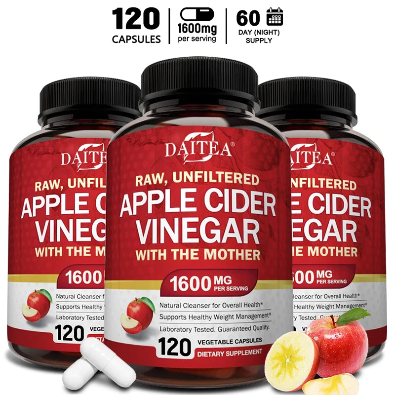 DAITEA Apple Cider Vinegar 1600mg Capsules with The Mother ACV Dietary Supplement Qst