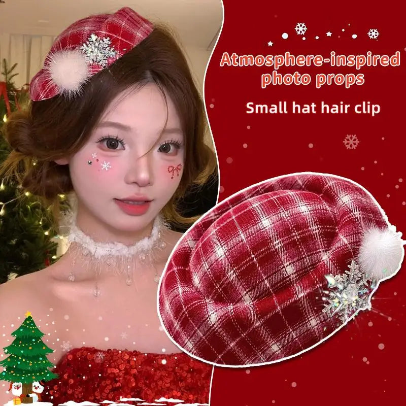Christmas Rhinestone Snowflake Hat Hair Clip with Pompom Ball Holiday Hair Clip Qst