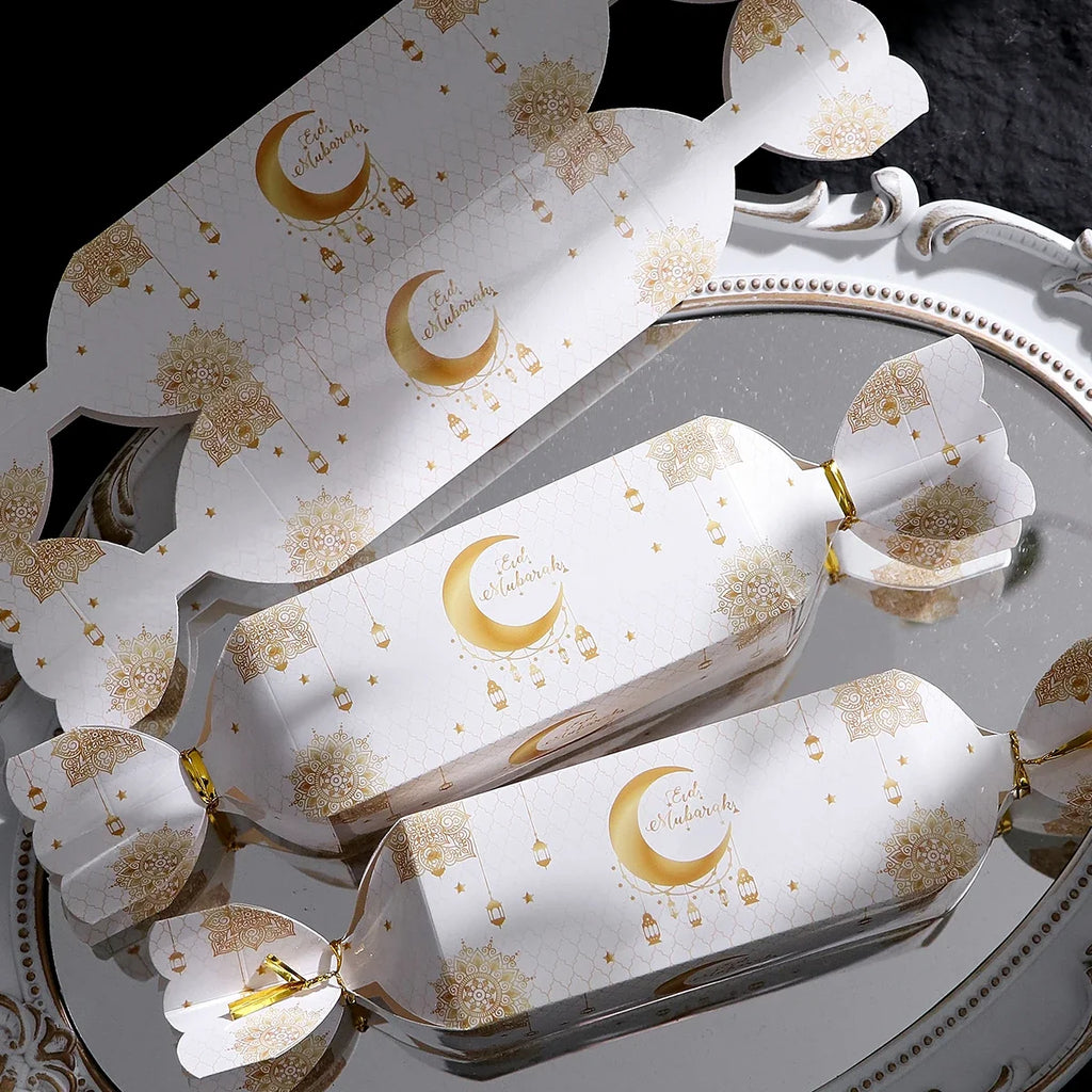 5 Elegant Eid Gift Bags Gold Lantern Design & Ribbon Ties Eid Gift Bags Qme 5Pcs-White 23.5X4.6X4.6Cm