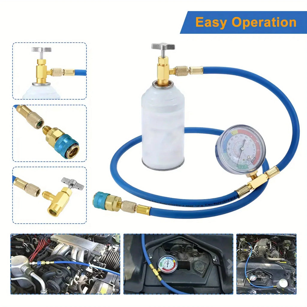 R134A Recharge Hose with Pressure Gauge & Can Tap | Qme AC Recharge Kit Qme