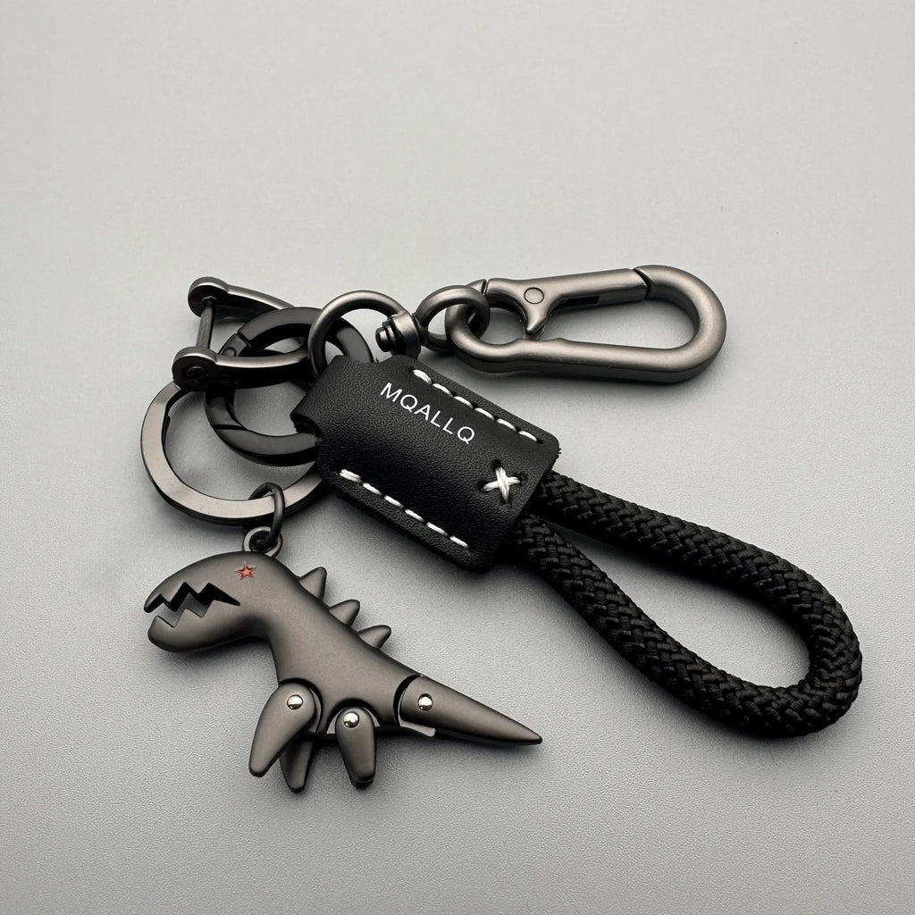 Cute Dinosaur Keychain – Zinc Alloy & Leather Rope Charm Novelty Keychain Qme B with Black
