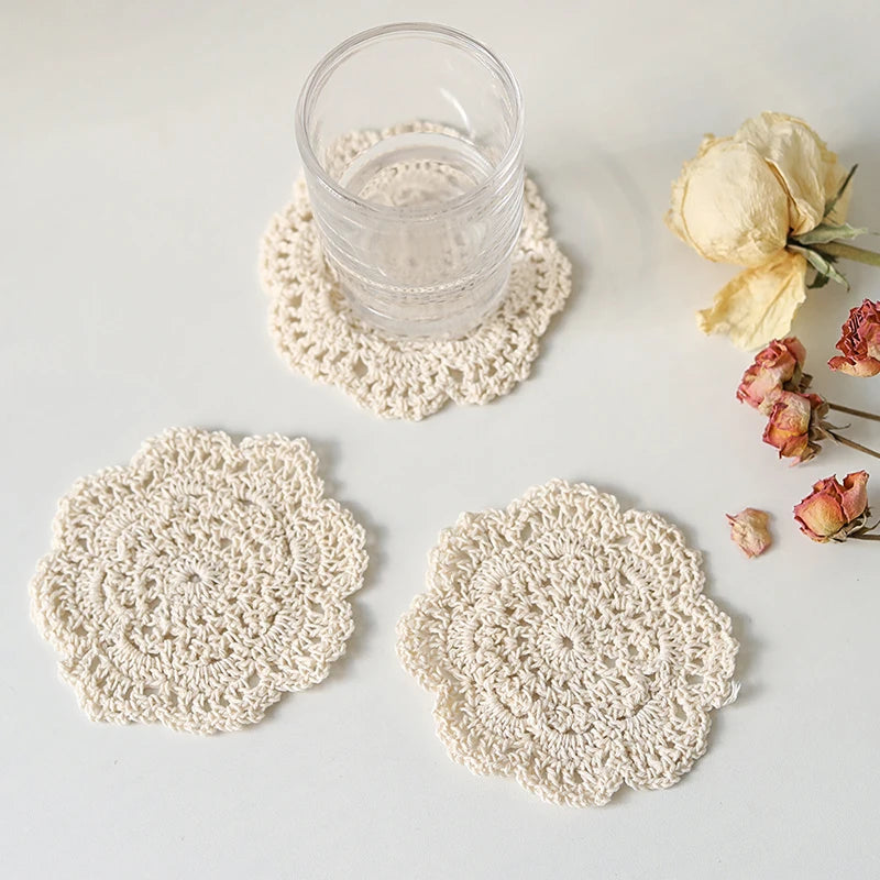 Bohemian Floral Crochet Coasters | Cotton Knit Set of 2/4 Crochet Coasters Qst