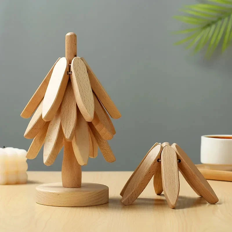 Christmas Tree Solid Wood Table Mat & Coaster Set Wood Table Coaster Qme natural wood-3 leaf L