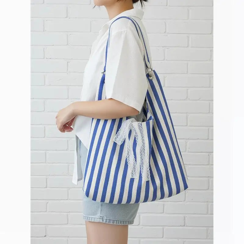 Women's Striped Reversible Hobo Tote Bag with Lace Bow Decor Reversible Hobo Tote Qme