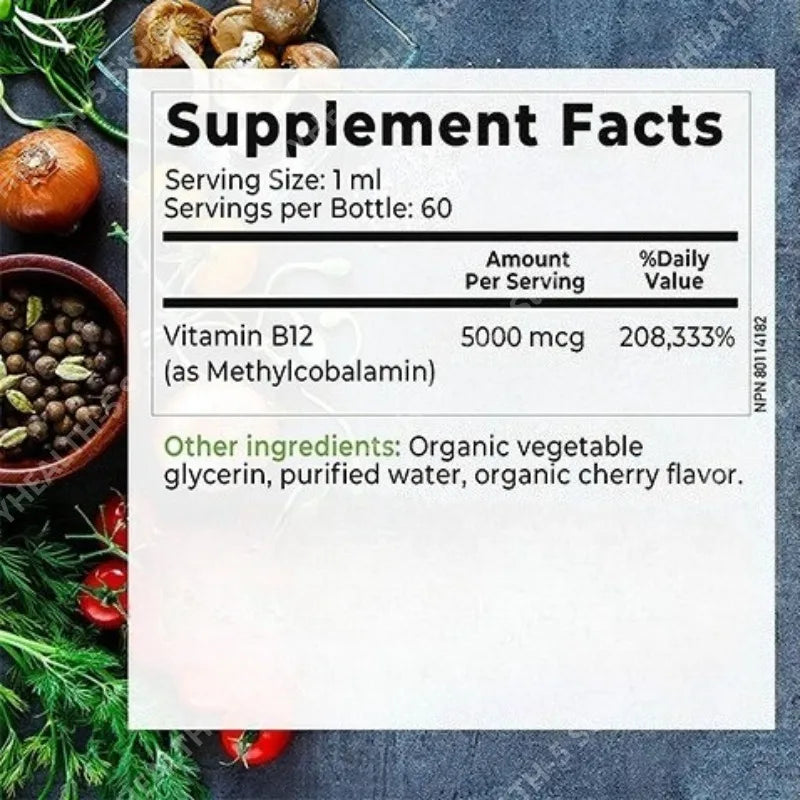 Vitamin B12 Drops 5000mcg Methylcobalamin Cherry Vegan 60ml Vitamin B12 Supplement Qst