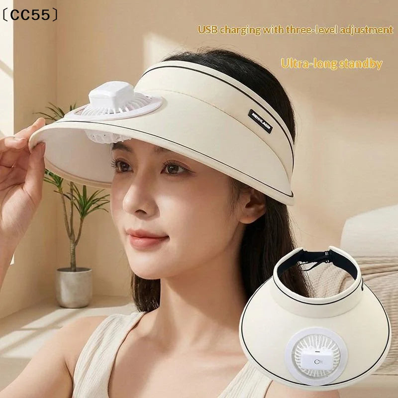 Wide Brim Sun Hat with USB Rechargeable Fan – Unisex Outdoor Fan Sun Hat Qst