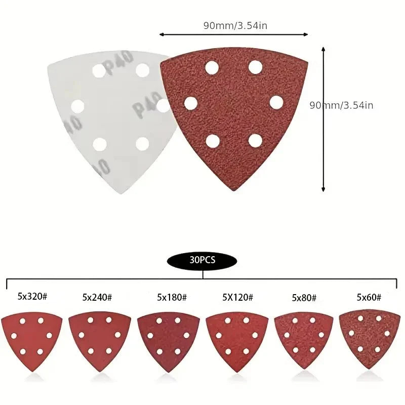 30pc Triangle Sanding Pads Mouse Sander – 6 Holes, 60–320 Grit Sander Sanding Pads Qme