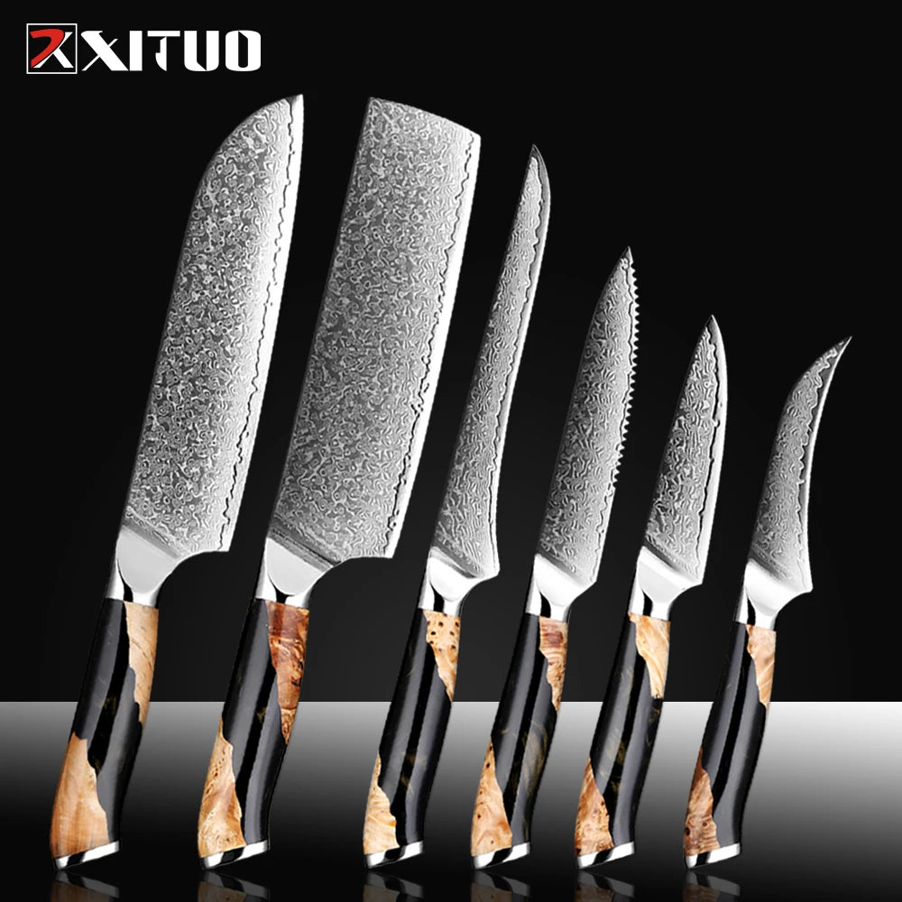 XITUO Damascus Steel Kitchen Knife Set – Santoku & Utility 1–6PCS Kitchen Knife Set Qst