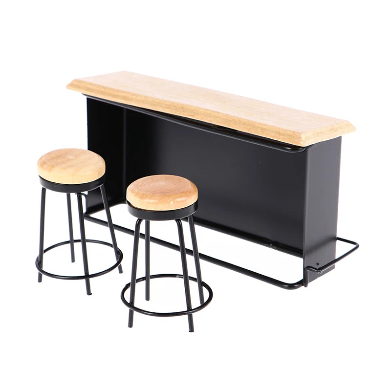 1:12 Dollhouse Miniature Bar Counter & Stool Set – 3 Pcs Dollhouse Furniture Set Qst