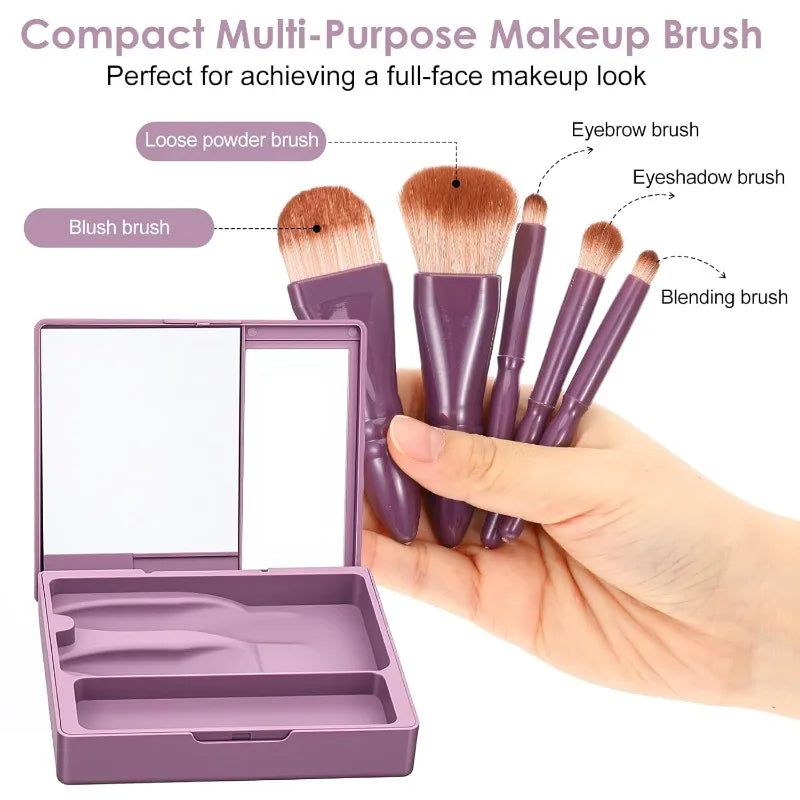 Travel Makeup Brush Set with Hard Case & Mirror | Qme Travel Makeup Brush Set Qme