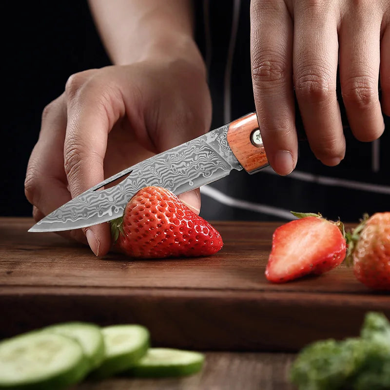 Damascus Steel Folding Boning Knife – Wood Handle, 8.2" Blade Folding Kitchen Knife Qst