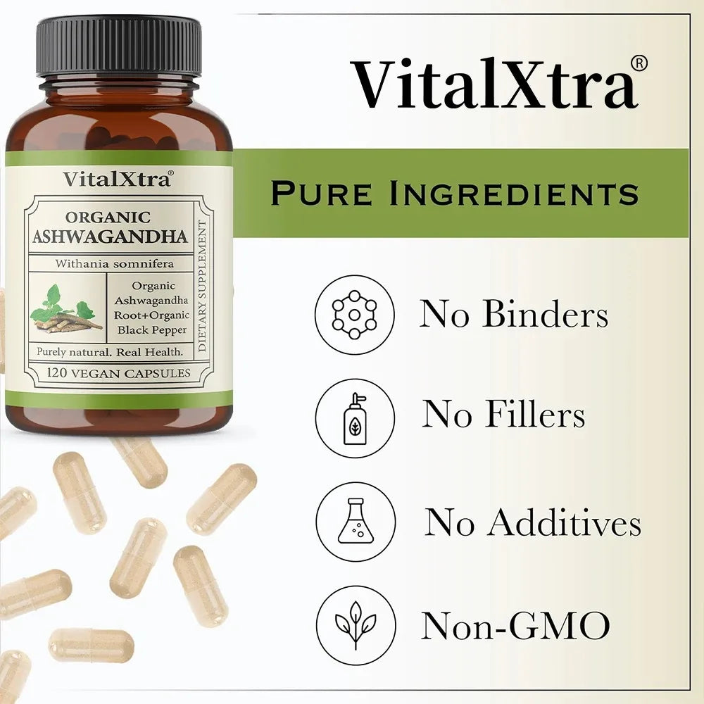 VITALXTRA Ashwagandha Root Extract Capsules | Non-GMO Herbal Supplement Qst