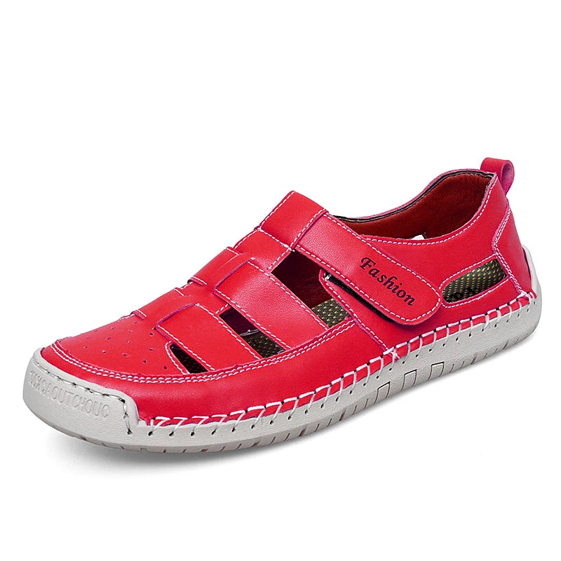 Women's Leather Flat Sandals – Roman Gladiator Beach Shoes Women's Flat Sandals Qst Red 44