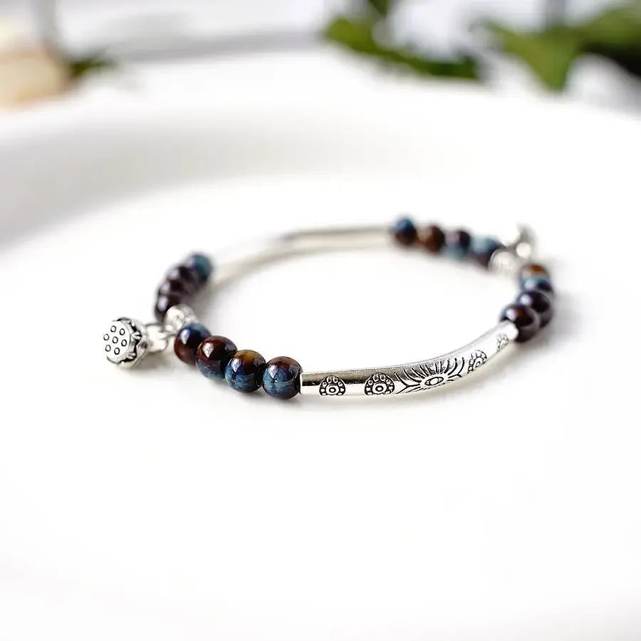 Handmade Ceramic Lotus Bracelet | Boho Pendant Jewelry Ceramic Bracelet Qme Sapphire blue