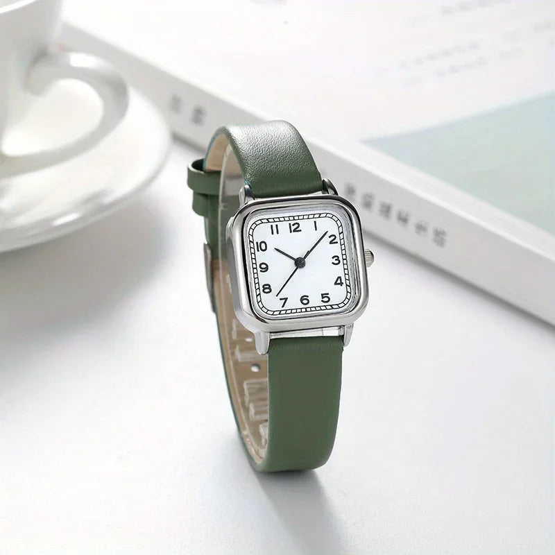 Women's Square Analog Quartz Watch – PU Leather Strap, 5 Colors Analog Quartz Watch Qme green No